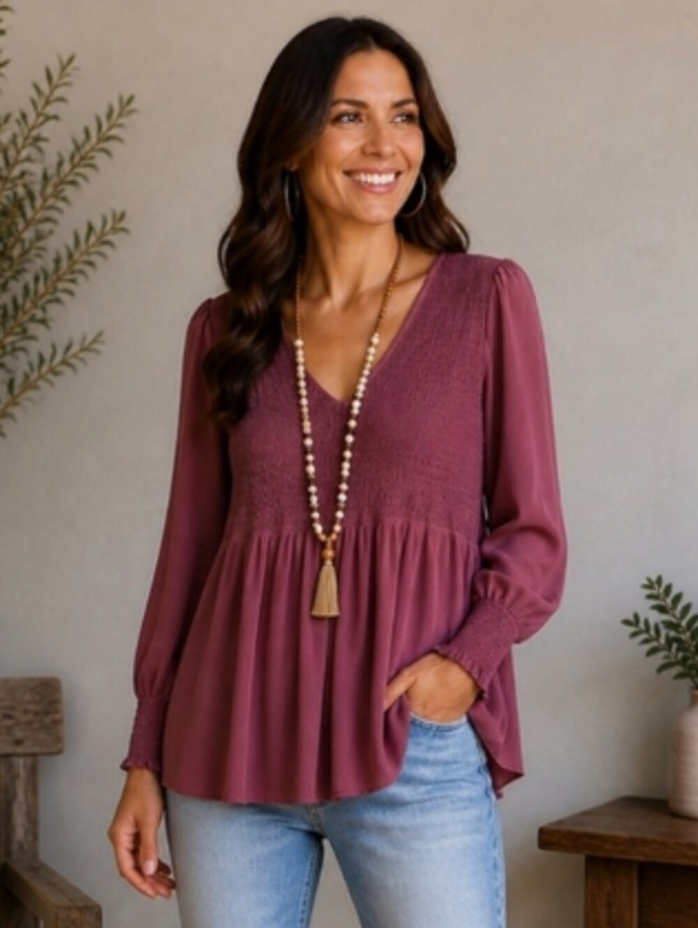 Torrid Mauve Long Sleeve V-Neck Blouse